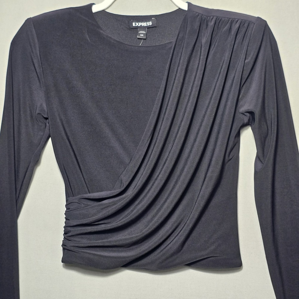 Express Women's XXS Black Wrapped Front Long Sleeve Crop Top  NWT $58 Stretch...
